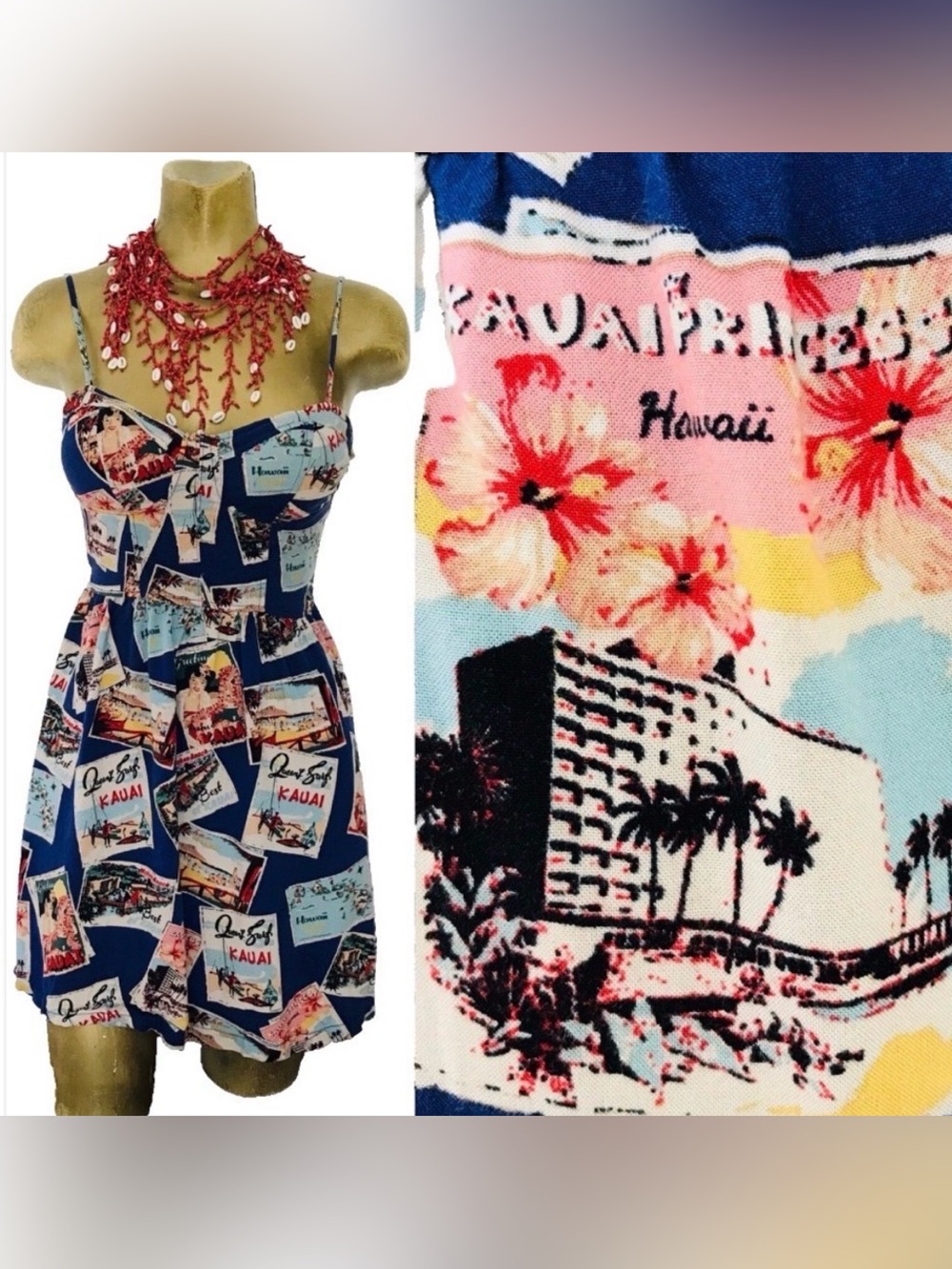 Vintage 90s KAUAI PRINCESS Hawaii Postcard Novelty Rockabilly DRESS M